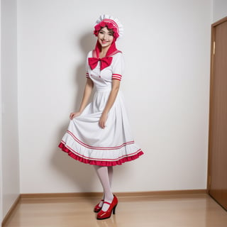 rose flower sailor turban maid,high heels,smile full-body shot, Feet standing on wooden floor ,white room