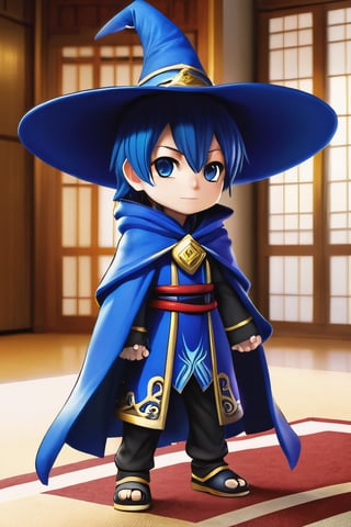 1boy,blue wizard chibi full body standing in room 