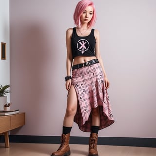 One Pink hair female, black tank top, pink long plaid skirt with math symbols, showing belly,brown boots full body cool walking in room 