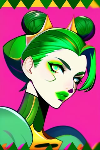 1girl, solo, hat, green eyes, braid, multicolored hair, green hair, hair bun, two-tone hair, double bun, makeup, lipstick, stand \(jojo\), green lips, kujo jolyne