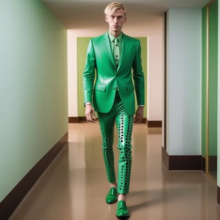  Blonde man in green suit with many round holes and green leather shoes full body cool walking in room 