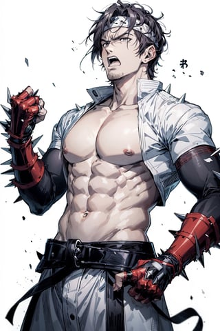 anime style, handsome martial artist male, short spiky hair, very tall, martial arts headband, dnd monk, angry face yelling, wearing open shirt. fit body six pack, wearing iron gauntlets, monochrome, white background, monochrome, white background,nestskyo