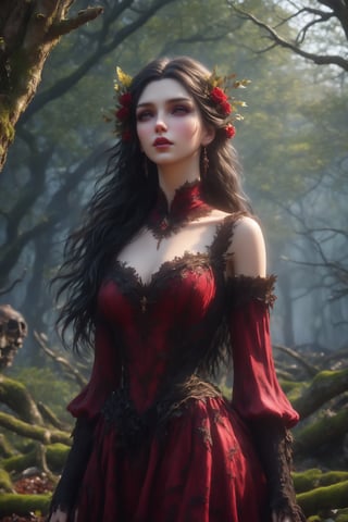 (fang:1.4)In the heart of a desolate, moonlit forest, a forlorn vampire maiden stands alone amidst withered trees and crumbling ruins. Her alabaster skin glows eerily under the pale light, accentuating the sorrow in her hauntingly beautiful eyes. Dressed in tattered, elegant garments of deep crimson and midnight black, she embodies a melancholic grace. The cold wind whispers through the decayed foliage, carrying faint echoes of her mournful past. Shadows dance around her, and the scent of blood lingers in the air, as she waits, eternally cursed, yearning for a love lost to the passage of centuries,(fang:1.4)