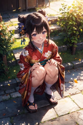 from above, Real lighting, (realistic:0.7), (3D:0.7), (solo:1.3),(first sunshine:1.3), (sheine background:1.3), Cloud cover, looking down,kimono,squatting,Embarrassed,Happy smile