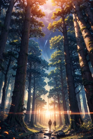 Dawn , intricate, technology suit, recognizing the land, into the forest,only light of the stars, wonderful sky, view from the low, deep background, cinematic light. dynamic light