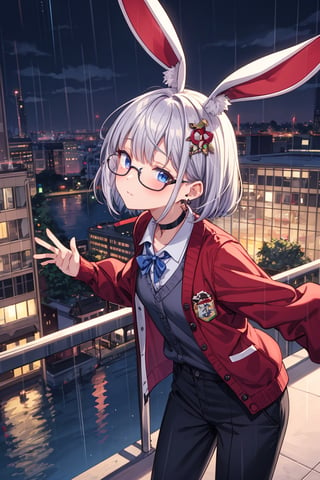 absurdres, highres, ultra detailed,(1girl), BREAK ,masterpiece, male, bob hair, santa costume, expressionless, kicking, eyes, closed mouth, looking up, floating hair, pale skin, frills, collared shirt, cardigan, pants, kneehighs, sneakers, glasses, earrings, choker, surgical mask, rabbit ear, hair ornament, rainy, evening sky, library, river, aerial shot, closeup to upper body, 8bit, depth of field