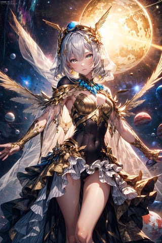 {{{masterpiece}}}, {{{best quality}}}, {{ultra-detailed}}, {illustration}, {{an extremely delicate and beautiful}},(1girl),(((planet))), silver hair, , ((gold eyes)),spread arms,outstretched hand,veil,glowing wings,bored,petite