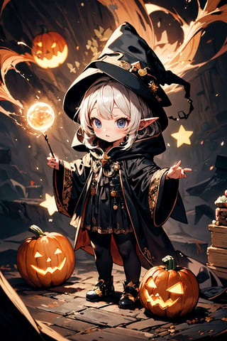 (detailed description),(best quality),(extremely detailed),(masterpiece),pumpkin,(chibi:1.2),(A magical cat-eared girl casts a spell),(wizard hat, black wizard costume:1.3)