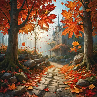 In autumn, orange and red maple leaves form a beautiful picture, subtle and charming light and shadow effects, a dream-like scene, infinite possibilities in the digital world, ultra-realistic, ultra-clear, complex details, ultra-wide-angle lens 16k