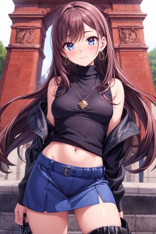 background is the Arc de Triomphe,triumphal arch,Paris,
18 yo, 1 girl, beautiful korean girl,
wearing tight black sweater(turtle neck,simple),tight leather short skirt,black long boots,shoulder bag, smile, solo, {beautiful and detailed eyes}, dark eyes, calm expression, delicate facial features, ((model pose)), Glamor body type, (dark hair:1.2), simple tiny earrings, simple tiny necklace,very_long_hair, hair past hip, bangs, curly hair, flim grain, realhands, masterpiece, Best Quality, 16k, photorealistic, ultra-detailed, finely detailed, high resolution, perfect dynamic composition, beautiful detailed eyes, eye smile, ((nervous and embarrassed)), sharp-focus, full_body, cowboy_shot,