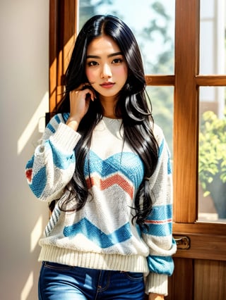 Lovely cute young attractive indian  girl, 35 years old, cute, Instagram model, long black_hair, colorful hair,  They are wearing a white, patterned sweater and blue jeans. The background is bright, with sunlight streaming in through windows or open doors.  , indian ,Girl