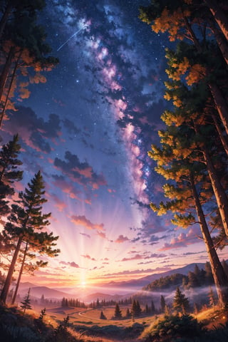 Dawn , intricate, technology suit, recognizing the land, into the forest,only light of the stars, wonderful sky, view from the low, deep background, cinematic light. dynamic light