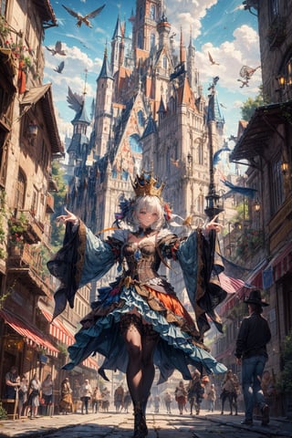 4k,intricate detail,wallpaper,absurdres,high resolution,ultra colorful art, ,depth of field,ray tracing,spectacular, old Renaissance age amusement,grand Circus,flying random animals,dancing crowns,Frame,Magical Fantasy style