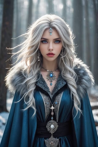 A fierce female warrior fighting in a snowy forest, in Medieval cloak, fur trimmed cloak, long hair, looking at viewer, blue eyes, simple background, (hair ornament), gem, tassel, hair between eyes, jewelry, upper body, earrings, lips, fur trim, eyelashes, portrait, beads, emo, (sharp eyes:1.4), (rebellious:1.4), (fierce:1.4), (standing: 1.2), silver-white hair, Gothic make-up, tough, wild. Kyoto Animation stylized anime, cinematic Lighting, ethereal light, intricate details, extremely detailed, incredible details, full colored, complex details, insanely detailed and intricate, hyper maximalist, gorgeous light and shadow, detailed decoration, detailed lines. Masterpiece, best quality, aerial view, HDR, UHD, unreal engine. looking at the camera, dark Fantasy background, representative, fair skin, beautiful face,A beautiful girl, blonde hair, dynamic character, detailed exquisite face, bold high quality, high contrast,art_booster,DonMS4kur4XL