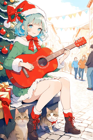 a cool and charismatic cat, donning a festive Christmas hat, BREAK, skillfully strumming a styr guitar while entertaining passersby on a lively street. The cat's playful expression and rhythmic paw movements exude a natural musical talent, captivating the audience with its melodic tunes. The Christmas hat adds a touch of holiday cheer to the scene, as onlookers pause to enjoy the impromptu street performance.