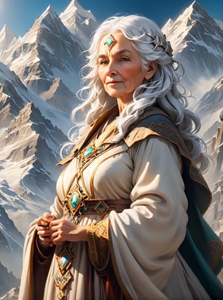 The creator and builder of the mountains. Close-up of a beautiful old woman with white hair creating and building mountains and stones. All the mountains of the world are under her hands. Many mountains are around the camera.  Under the sunlight shining from above, the old woman looks kindly, she is giving her divine and luminous energy to the mountains and valleys.