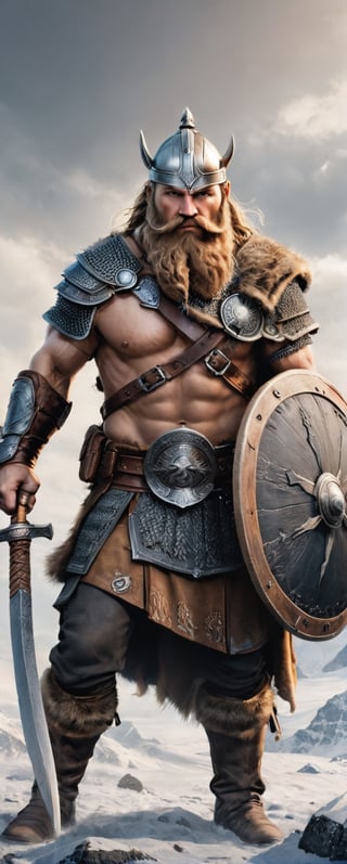 masterpiece､ultra Detailed, hyper Quality, 1 Elder Nordic Viking Warrior,light brown hair, braded hair, long beard, He is wielding a ax in one hand and a shield in the other.,