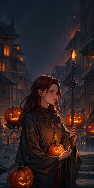 8K, Ultra-HD, Natural Lighting, Moody Lighting, Cinematic Lighting,
detailed,CG,unity,extremely detailed CG,movie style, 
a woman holding a glowing ,Jack O'Lanterns in her hands,  fantasy art, long flowing red hair, a pentagram shield,  lightning mage spell icon, benevolent android necromancer, high priestess tarot card, anime goddess, upper body,straight-on,