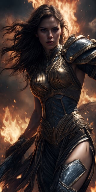 masterpiece, perfect anatomy, 32k UHD resolution, best quality, highly details, realistic photo, professional photography, cinematic angle, cinematic view, cinematic lights, A female gladiator, bronze skin, muscle veins, long brown messy hair, surrounded by flames, dynamic warrior pose,