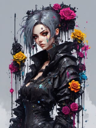 Grey background of splash art, centralized, colorful, cyberpunk style, 1girl, solo, looking at viewer, black_victorian_clothes, gothica:0.3, mechanical arms, earrings, blurry background, cyberpunk, black roses tricklets, cowboy shot , ink splash, Leonardo Style,dripping paint