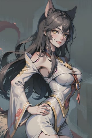 high quality, 8k, solo, ah1,Ahri,fennec fox,fox tail,5_figners,black_hair,yellow eyes ,lure,league_of_legends_ahri,large breasts, ah1,black_fox_ears,perfect,Pixel Art,Pixel art,miniwool,modelshoot style, masterpiece, detail eyes and skill, complex_background, look away, vivid, faintly smile,sexbodysuit,Sexy Big Breast, arms crossed over the chest,jk suit, dragon,manyhand,hand,fingers