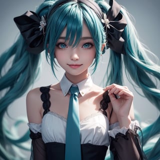 Hatsune Miku, hatsune miku, solo, bangs, hair between eyes, blue hair 
(masterpiece, best quality, highres:1.3), ultra resolution image, (hatsune miku), (solo), (mascara, eyelashes), detail eyes and skin, lolita face, random dress, petite body,  naughty smile, embarassed, bloodborne, viewed_from_behind, from_behind, seen from below,Hair over eyes, ruins, crescent, big flower ornament  