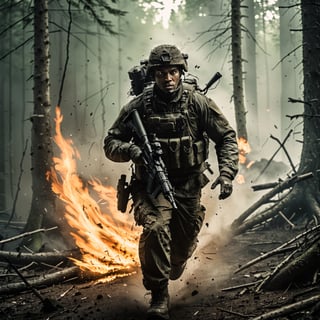 a special elite soldier running through a forest away from an explosion, long distance photography 