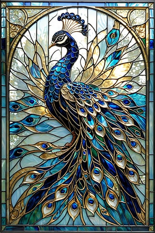 A stunning stained glass artwork of a peacock. The peacock, with its majestic tail feathers, is intricately designed with shades of blue, gold, and white. The background consists of intertwining patterns in varying shades of blue, creating an abstract representation of water or waves. The peacock's head and upper body are adorned with gold accents, and its eyes are dark, giving it a mysterious look. The artwork is beautifully crafted, with each piece of glass meticulously placed to create depth and dimension.