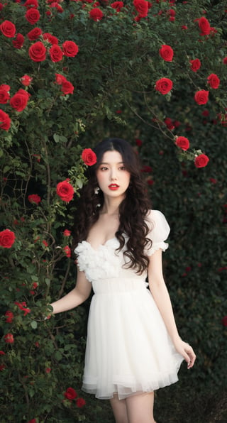 1 girl,solo,dress,flowers,white dress,long hair,fluffy sleeves,red flowers,short sleeves,roses,outdoor,sky,brown hair,natural,fluffy short sleeves,red lips,plants,lips,black hair,curly hair,trees,standing,shrubs,parted lips,red roses,(smoke),light,(night), blurry_background