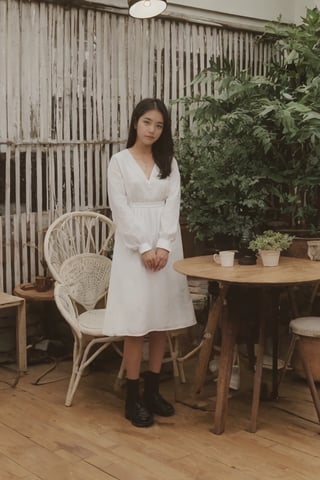 1girl, solo, black hair, dress, standing, flower, shoes, indoors, white dress, chair, table, plant, wooden floor, potted plant, lamp