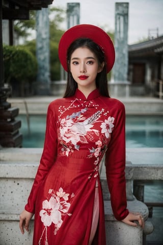 1girl, solo, long hair, looking at viewer, black hair, long sleeves, hat, dress, outdoors, day, black eyes, floral print, red headwear, architecture, east asian architecture, aodaicuoi