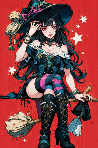 1girl, solo, long hair, looking at viewer, smile, bangs, black hair, red eyes, thighhighs, hat, dress, ribbon, bare shoulders, jewelry, sitting, full body, short sleeves, boots, frills, choker, tongue, striped, tongue out, blunt bangs, off shoulder, star \(symbol\), nail polish, high heels, witch hat, cat, red nails, red background, striped thighhighs, :p, broom, high heel boots, hand on headwear, witch, star print, limited palette, black cat, broom riding, red theme