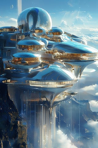 A breathtaking view of a futuristic palace, soaring above towering mountains, made of sleek glass and silver-gold materials. The palace is a stunning sight to behold, with 300 rooms that glisten in the sunlight. The structure appears to be floating on a sea of clouds, creating a surreal and otherworldly atmosphere. In the distance, one can see other smaller structures, creating a miniature city. The overall ambiance is a blend of high-tech sophistication and awe-inspiring beauty.