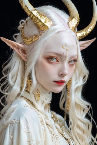 (hyper-realistic), (perfectly Detailed), (32k photograph), (award winning photography), intricately detailed). 
(full body),(long intricate horns:1.2) ,albino  cyborg demon girl, Pure white long Pigtail hair,different full body modelposition with enchanting beautiful, alabaster skin, A benevolent smile, Beautiful deep red eyes, soft expression, Depth and Dimension in the Pupils, Her  white cyborg skin reflects an almost celestial glow,
Wearing medieval Arabian dress with a white theme,The gown is crafted from luxurious white fabrics, adorned with intricate golden embroidery that weaves across the bodice and sleeves,modest yet elegant necklace, featuring delicate white lace that adds a touch of refinement,real_booster,aesthetic. 