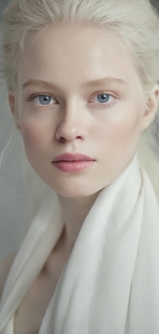 best quality, 4k, 8k, highres, ultra-detailed, blond woman with a white dress and a white scarf in a plain background, incredibly ethereal, ethereal hair, flowing hair, windy hair, grey blue eyes, ethereal beauty, very ethereal, pale skin curly blond hair, a stunning young ethereal figure, pale complexion, soft portrait shot 8 k, a still of an ethereal, pale woman, soft ethereal lighting, porcelain pale skin, portrait of albino mystic, ethereal soft and fuzzy glow, epic composition Unreal Engine, cinematics, color grading, portrait photography, ultra-wide angle, depth of field, hyper detailed