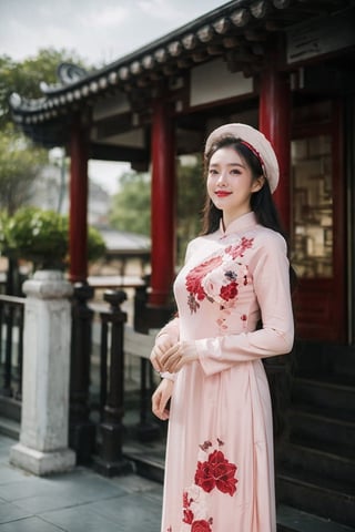 1girl, solo, long hair, looking at viewer, black hair, long sleeves, hat, dress, outdoors, day, black eyes, floral print, red headwear, architecture, east asian architecture, aodaicuoi