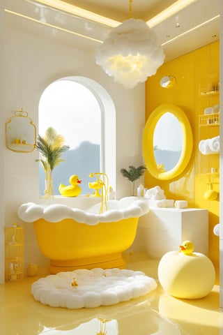 A luxurious bathroom with a dominant yellow and white color scheme. A unique bathtub, designed to resemble a cloud, is the centerpiece, with its white cloud-like design and yellow base. Adjacent to the tub is a large window, allowing natural light to flood in. Above the tub hangs a woven pendant light. The walls are adorned with white tiles, and there's a shelf displaying various toiletries. A yellow rubber duck, reminiscent of childhood play, sits on the floor near the tub. The room also features a fluffy white rug, a tall cage-like stool, and a few potted plants, adding a touch of nature to the space.