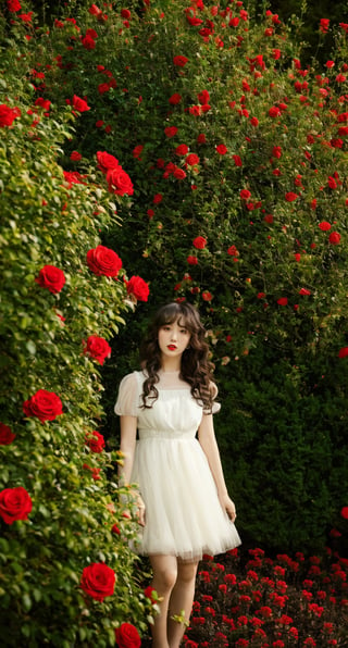 1 girl,solo,dress,flowers,white dress,long hair,fluffy sleeves,red flowers,short sleeves,roses,outdoor,sky,brown hair,natural,fluffy short sleeves,red lips,plants,lips,black hair,curly hair,trees,standing,shrubs,parted lips,red roses,(smoke),light,(night)