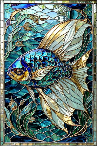 A stunningly detailed stained-glass artwork of a fish. The fish, with its vibrant blue and gold scales, swims gracefully amidst intricate patterns of flowing water. The background is a mesmerizing blend of deep blues and turquoises, interspersed with shimmering gold and silver elements, giving the impression of a shimmering underwater world. The fish's eyes are particularly captivating, with a deep blue hue that contrasts beautifully with its scales.