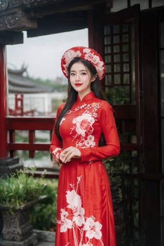 1girl, solo, long hair, looking at viewer, black hair, long sleeves, hat, dress, outdoors, day, black eyes, floral print, red headwear, architecture, east asian architecture, aodaicuoi