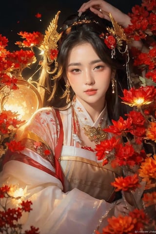 (masterpiece, top quality, best quality, official art, beautiful and aesthetic:1.2), (1girl), extreme detailed,(abstract, fractal art:1.3),highest detailed, detailed_eyes, light_particles, hanfu,jewelry, sexy, ,red,Lydia08,ZeeJJKT48