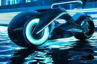 photorealistic image, masterpiece, high quality 8K, of a futuristic ((sci-fi large super motocycle), (((submerged in the sea))), Tron legacy, white and blue neon lights, good lighting, at night, sharp focus