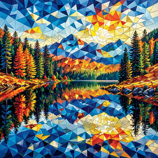 A vibrant and geometric representation of a natural landscape. It features a serene lake reflecting the surrounding environment. On the left, there's a dense forest of tall pine trees, while on the right, there's a meadow with trees showcasing autumnal hues of orange and yellow. The sky above is a mosaic of triangular patterns in shades of blue, yellow, and orange, suggesting either a sunrise or sunset. The lake's calm waters mirror these colors, creating a symmetrical and visually stunning effect.