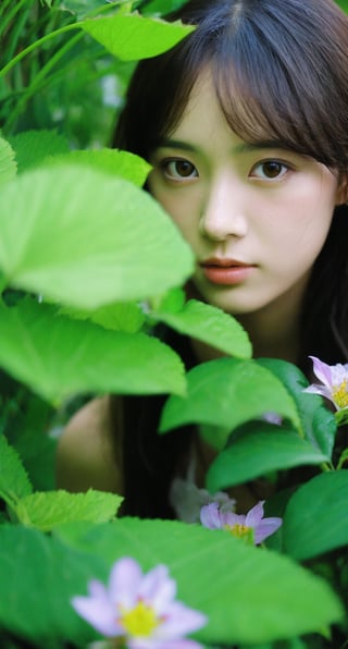 A photorealistic close-up of a single girl looking directly at the viewer from amidst a lush garden backdrop. Her gaze is intense and intimate, as if sharing a secret or inviting the audience to step into her dreamlike world. Vibrant flowers surround her, their colors blending with the soft focus of her skin, creating a sense of depth and dimensionality.