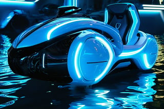 photorealistic image, masterpiece, high quality 8K, of a futuristic ((sci-fi large super motocycle), (((submerged in the sea))), Tron legacy, white and blue neon lights, good lighting, at night, sharp focus