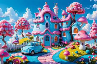 A whimsical and vibrant landscape dominated by pastel colors. At the center stands a multi-tiered house, adorned with pink fluffy decorations, flowers, and windows. To its left, there's a tree with a large pink bloom at its top. The ground is covered in a soft blue carpet, dotted with various flora, including pink mushrooms, flowers, and spherical objects. A small blue car is parked in front of the house, and there are several other peculiar structures in the background. The sky above is a clear blue with fluffy white clouds.