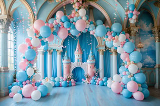 A whimsical and dreamy setting, dominated by pastel colors. There are large balloons in shades of pink, blue, and white, suspended from the ceiling and draped around pillars. In the center, there's a miniature castle with pink and white domes, surrounded by smaller structures. The floor is adorned with an array of balloons, and there are decorative elements like hanging garlands and dangling flowers. The backdrop is a soft blue, and there are arches that frame the scene, adding to the fairy-tale ambiance.