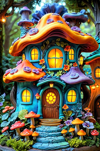 A whimsical, intricately designed house with a blue facade. The house features a large, wavy roof in shades of orange and purple, and it's adorned with various floral patterns, including flowers and leaves. There are four windows with glowing yellow lights from within. The entrance has a wooden door with a circular window. Surrounding the house are vibrant trees and plants in shades of blue, orange, and green. A large mushroom with a red cap stands to the right of the house. The entire setting gives off a fairy-tale, enchanted forest vibe. clay,clay