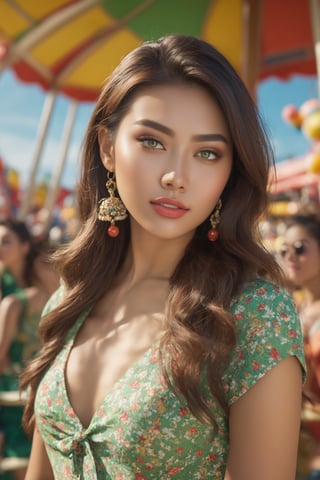 Asian girl, "(((hyper realistic face)))(((extreme realistic skin detail))) (face with detailed shadows) (masterpiece, highest quality), (realistic, photo_realistic:1.9), ((Photoshoot)) "Young woman, wavy hair, green eyes, cheerful complexion, thoughtful gaze, very beautiful and elegant, slender physique, in an amusement park background, clowns in the back, lots of people, noon, sweltering heat. Full body plane, DSLR camera, reversal film, tilt-shift lens, natural lighting,"sharp focus, 8k, UHD, high quality, frowning, intricate detailed, highly detailed, hyper-realistic"