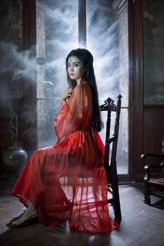 horror (theme), masterpiece,(masterpiece, top quality, best quality, ((no humans)), scenery, red theme, night, vietnamese woman
,ghost, transparent, indoors, ((sitting in a chair)), ao_yem, transparent,xxmix_girl